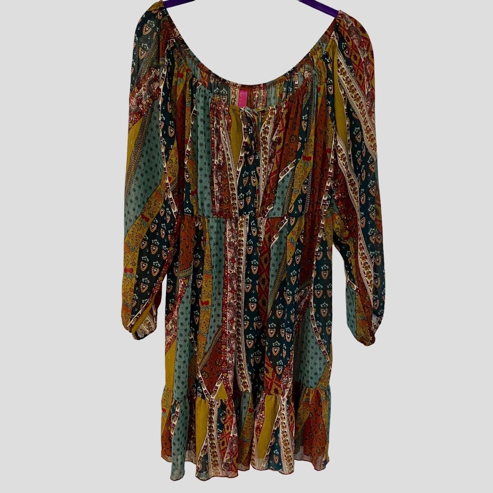 Pure Energy Sz 1 Dress Tunic Boho Off Shoulder Tie Back Keyhole Tie Front Tiered